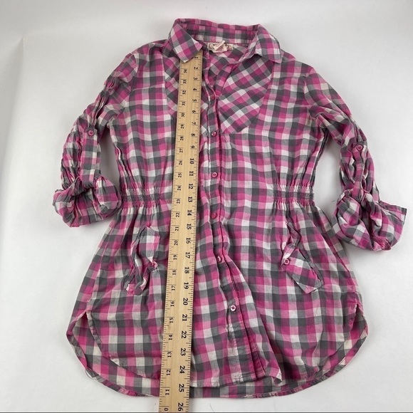 OP. Button Up Shirt Womens Medium Pink Plaid Roll Tab Sleeve Pleated - Picture 5 of 9